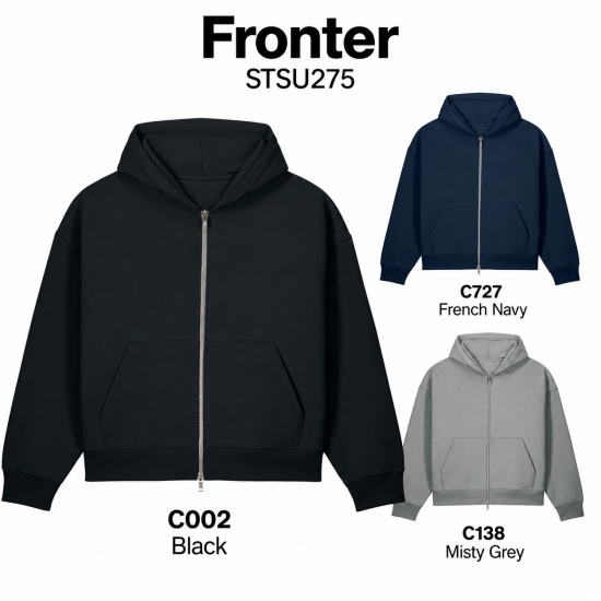 Stanley/Stella Fronter — unisex džemperis su gobtuvu ir užtrauktuku, 400 g/m² — vaizdas iš priekio